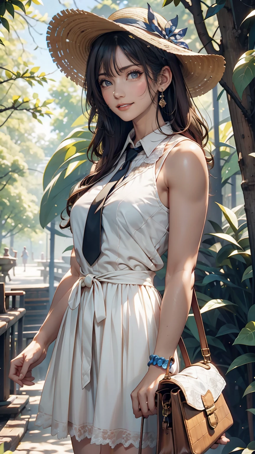 24-year-old female、Long eyelashes、Beautiful appearance、White summer dress decorated with lace、Brown Hair、Side Ponytail((Tie it up with a scrunchie))、Sunlight filtering through the trees、Forest Walk、Walking、Cute handbag、Sandals、Wide-brimmed hat decorated with ribbon((Capelin))、Wear a brightly colored scarf around your neck、Lady style、smile、Hold the brim of your hat、smile
