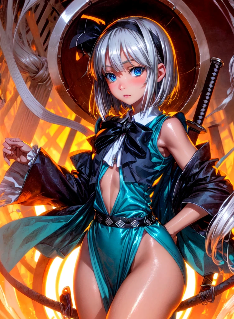 konpaku_youmu_touhou, normal ears, human ears, sshort_hair, ribbon, hairband, black_hairband, hair_ribbon, black_ribbon, bangs, white_hair, vest, blue_eyes, green_vest, sword, katana, hitodama, bow, blush, black_bow, grey_hair, white dress, hat, sailor collar, (masterpiece:1.1)intricate eyes,beautiful detailed eyes,symmetrical eyes,(deep blue eyes), (glowing eyes:1), glowing eyes,((((lustrous skin:1.5,tanned skin,bright skin: 1.5, shiny skin,shiny body,Reflective skin)))),(detailed face)),beautiful detailed lips, cute,opulent,sumptuous,(centered,scale to fit dimensions,Rule of thirds), (ultra detailed,extremely detailed),(photorealistic artwork:1.37),(extremely detailed CG unity 8k wallpaper),(((vibrant colors,vibrant theme))),(intricate),(masterpiece),(best quality),