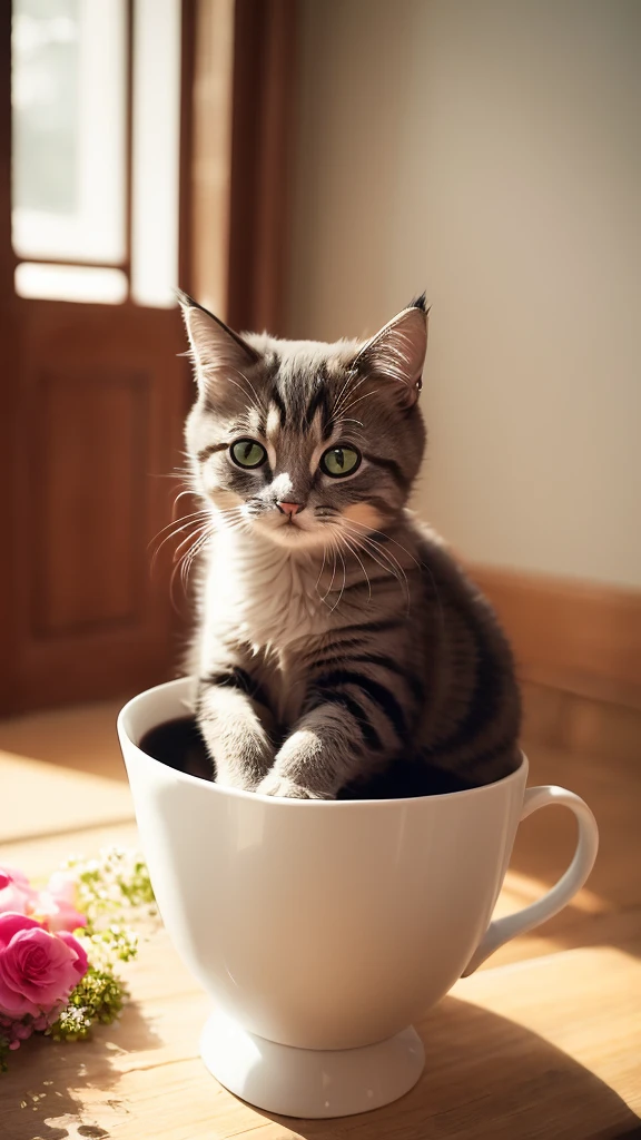 Cat, (Himalayan), (Small)))), in a teacup, Face, Front paws out, 8K, Professional photo, Delicate, Clear, On the table, Inside the house, Sunshine, Light Leak, Masterpiece, ((Pretty))), Fashionable Teacup, (Reality), Plush Toy, Round Pupils