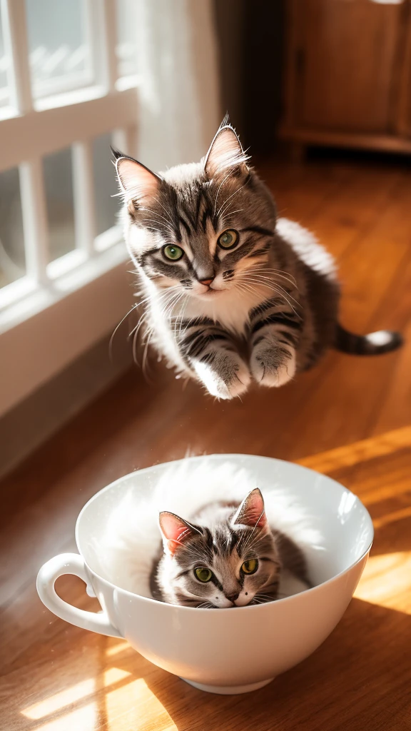 Cat, (Himalayan), (Small)))), in a teacup, Face, Front paws out, 8K, Professional photo, Delicate, Clear, On the table, Inside the house, Sunshine, Light Leak, Masterpiece, ((Pretty))), Fashionable Teacup, (Reality), Plush Toy, Round Pupils