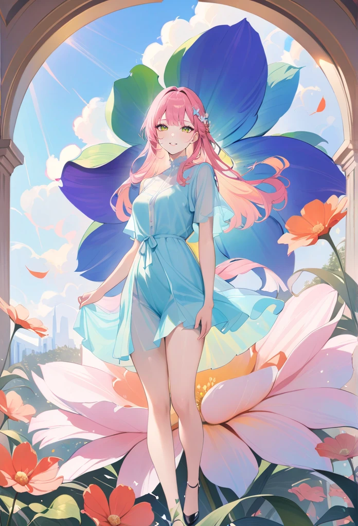 (best quality,4k,8k,highres,masterpiece:1.2),1girl,standing on giant flower,oversized_flower,on_flower,ultra-detailed,realistic:.75,delicate,vibrant color palette,ethereal atmosphere,peaceful,serene,soft sunlight filtering through colored glass,lush greenery,vividly colored blossoms,transcendent beauty,awe-inspiring artwork,face focus,dsmile:.25,