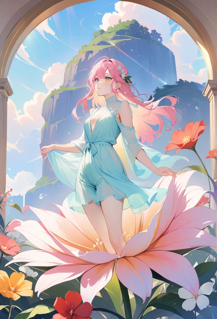 (best quality,4k,8k,highres,masterpiece:1.2),1girl,standing on giant flower,oversized_flower,on_flower,ultra-detailed,realistic:.75,delicate,vibrant color palette,ethereal atmosphere,peaceful,serene,soft sunlight filtering through colored glass,lush greenery,vividly colored blossoms,transcendent beauty,awe-inspiring artwork,face focus,dsmile:.25,