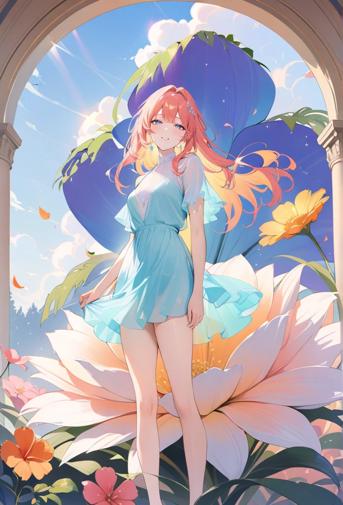 (best quality,4k,8k,highres,masterpiece:1.2),1girl,standing on giant flower,oversized_flower,on_flower,ultra-detailed,realistic:.75,delicate,vibrant color palette,ethereal atmosphere,peaceful,serene,soft sunlight filtering through colored glass,lush greenery,vividly colored blossoms,transcendent beauty,awe-inspiring artwork,face focus,dsmile:.25,