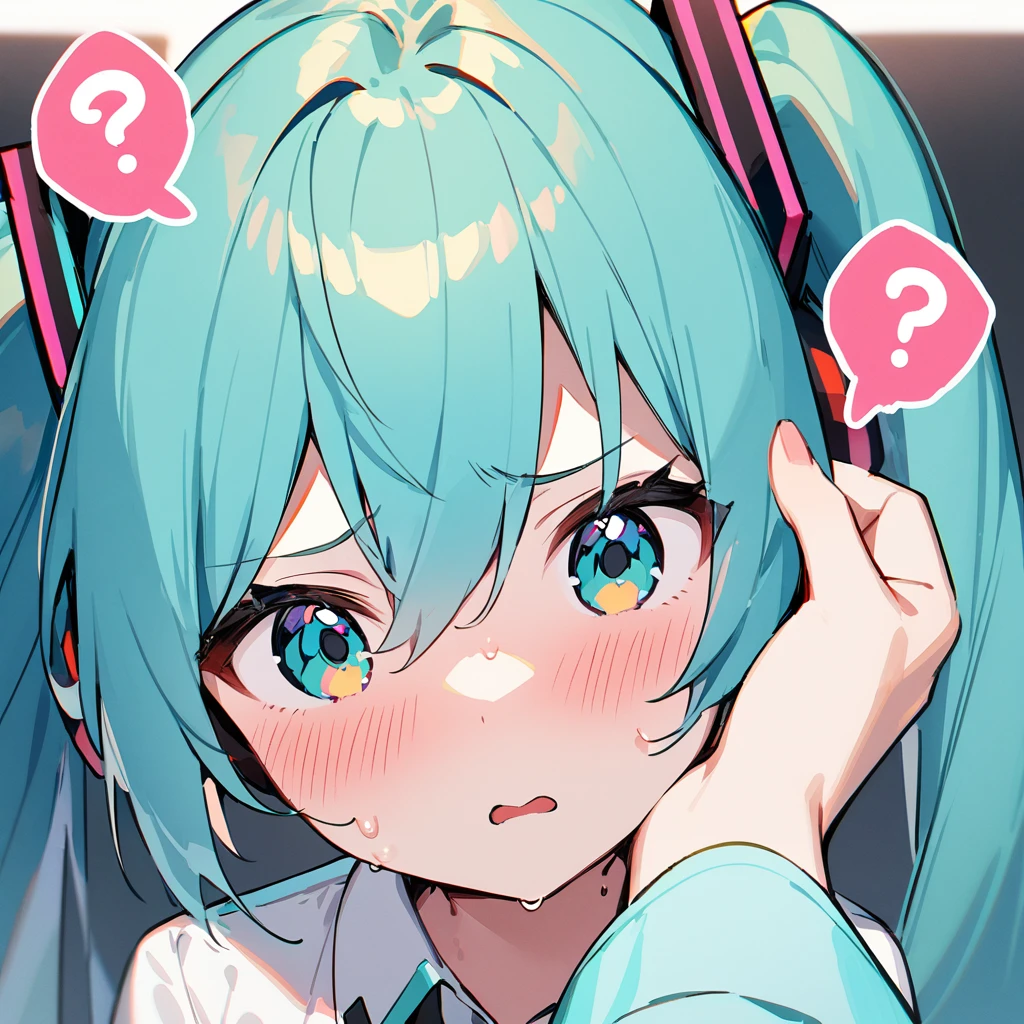 1girl, hatsune miku, best quality, amazing quality, very aesthetic, absurdres, highres, rating:general, confused, blush, spoken question mark, {flustered}, nervous sweating, portrait, pov hands, hand on another's cheek, averting eyes, [looking away], straight-on,