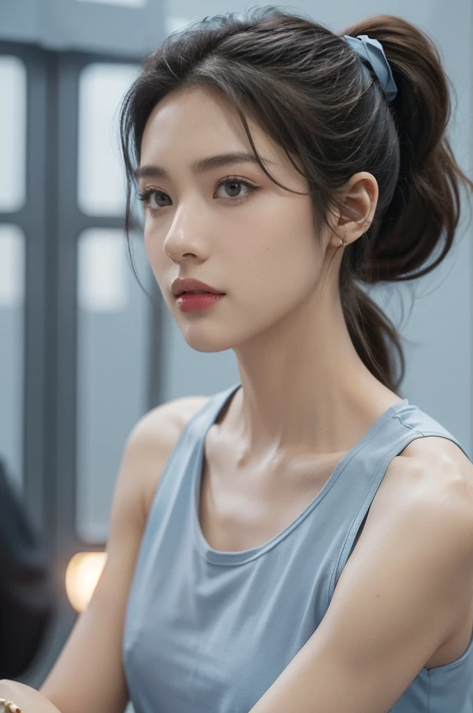 (((best quality))),(((ultra detailed))),(((masterpiece))),illustration,((1girl, female, Air Force commander,solo)),(short ponytail:1.2),((slim,thin)),((small breasts,flat chest)),poised, confidence, authority,(light blue tank top:1.3),piercing eyes, control panel, military airport, soldiers, duties, fighter jets, clear sky, engine roar, excitement, energy, control room, monitors, switches, mosaic colors, expertise, pilots, headset, calm voice, strong presence, attention, respect, leadership, dedication, courage, bravery, women in military, inner strength, resilience, inspiration,((from front,close-up of face))
