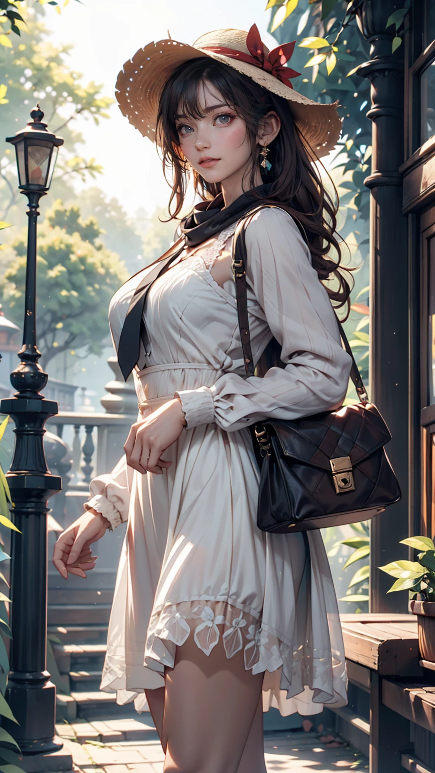24-year-old female、Long eyelashes、Beautiful appearance、White summer dress decorated with lace、Brown Hair、Side Ponytail((Tie it up with a scrunchie))、Sunlight filtering through the trees、Forest Walk、Walking、Cute handbag、Sandals、Wide-brimmed hat decorated with ribbon((Capelin))、Wear a brightly colored scarf around your neck、Lady style、smile、Hold the brim of your hat、smile