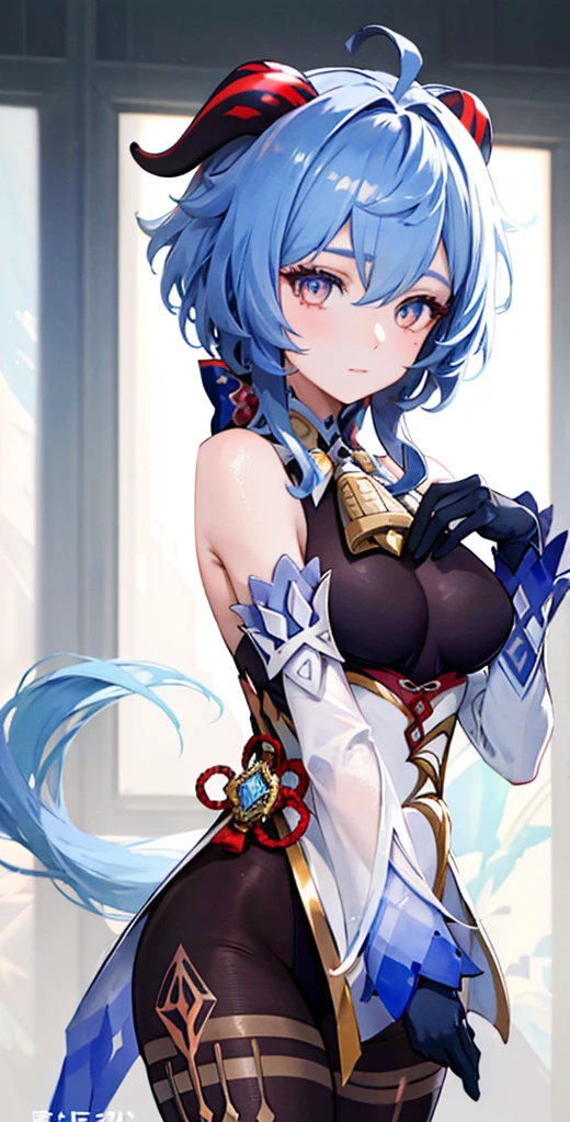 (photorealistic:1.4), (masterpiece, sidelighting, finely detailed beautiful eyes: 1.2), masterpiece*portrait, realistic, 3d face, 
ganyu \(genshin impact\), 1girl, ahoge, architecture, bangs, bare shoulders, bell, black gloves, black pantyhose, (blue hair), blush, breasts, chinese knot, detached sleeves, flower knot, gloves, horns, long hair, looking at viewer, big , neck bell，body sui，ganyu