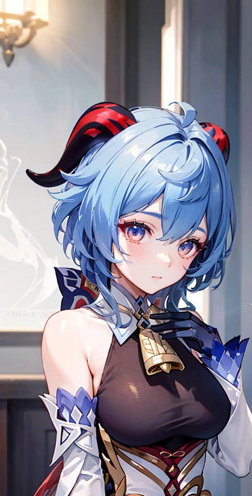 (photorealistic:1.4), (masterpiece, sidelighting, finely detailed beautiful eyes: 1.2), masterpiece*portrait, realistic, 3d face, 
ganyu \(genshin impact\), 1girl, ahoge, architecture, bangs, bare shoulders, bell, black gloves, black pantyhose, (blue hair), blush, breasts, chinese knot, detached sleeves, flower knot, gloves, horns, long hair, looking at viewer, big , neck bell，body sui，ganyu