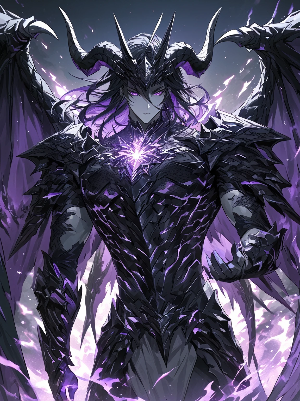 Masterpiece, Very detailed, ultra detailed, one, (1 man), man with a V-shaped body, Gray skin colour, dragon horns, two large dragon wings, full detailed dark obsidian armor with light purple details that seemed like a purple fire. Long black hair combed back, and reptile eyes that shine crimson-purple. In the style of manhwa "Omniscient Reader's Viewpoint"