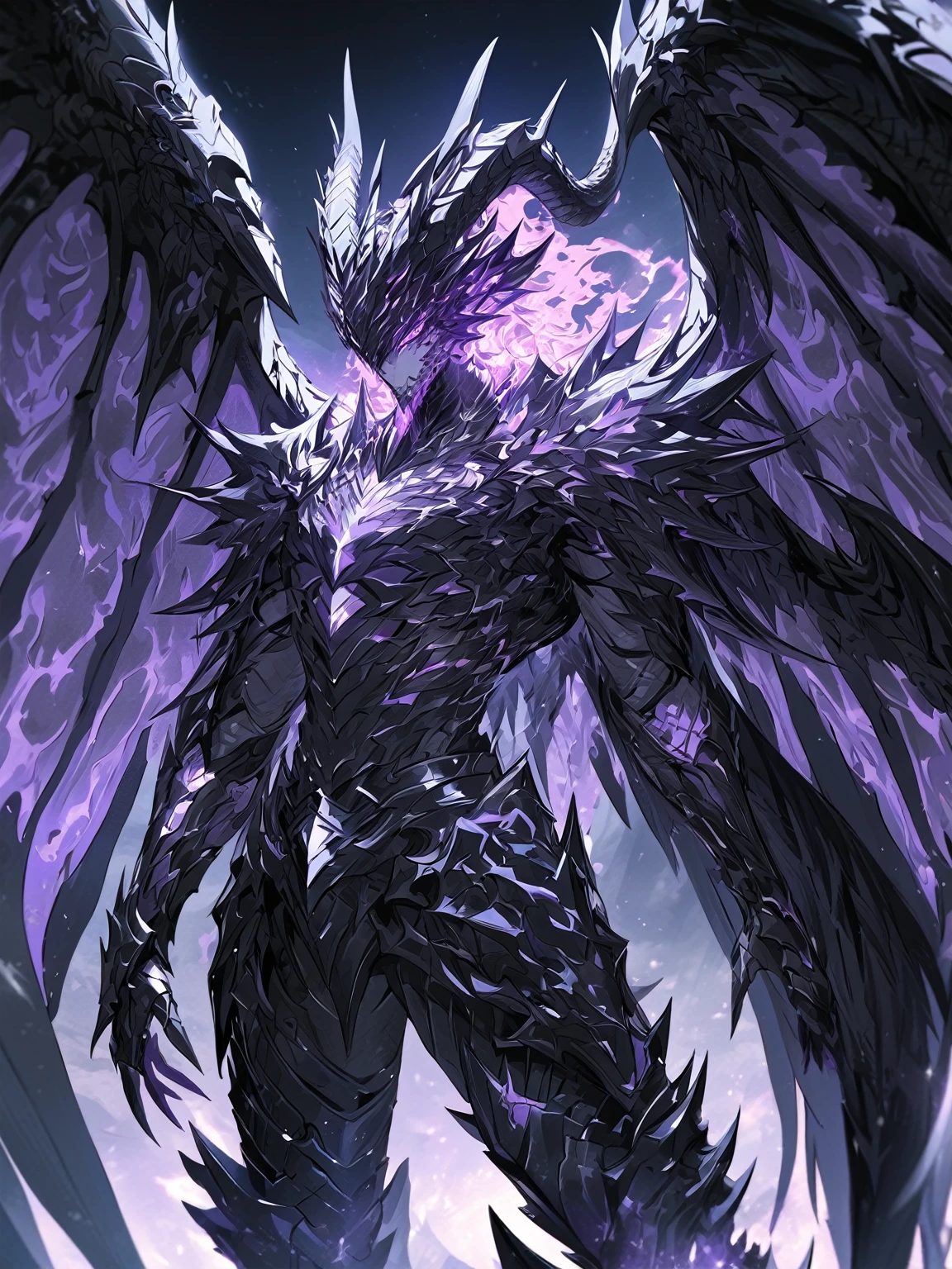 Masterpiece, Very detailed, ultra detailed, one, (1 man), man with a V-shaped body, Gray skin colour, dragon horns, two large dragon wings, full detailed dark obsidian armor with light purple details that seemed like a purple fire. Long black hair combed back, and reptile eyes that shine crimson-purple. In the style of manhwa "Omniscient Reader's Viewpoint"