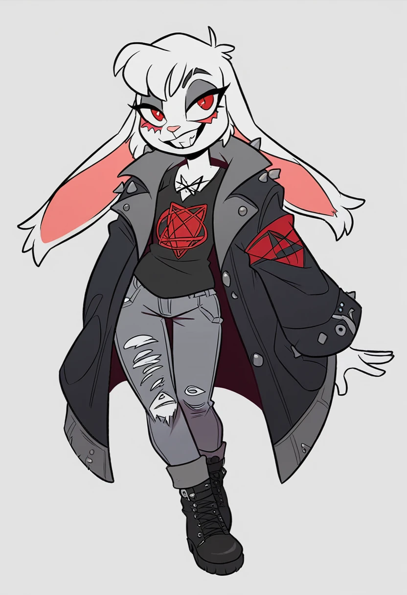 girl about 10 years old, with long ears of a lop-eared rabbit,body build thin, sinewy, Elongated, looks like a toy or cartoon character. Eternal smile, absorbs food through teeth. The coat color is snow-white with red stripes in the form of tattoos, a large red diamond is depicted on the head of clothing: black jumper with pentagram and chopping,gray jeans and black boots