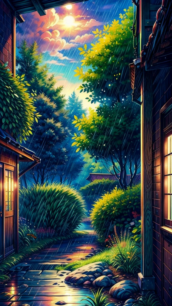 Excelente qualidade, obra de arte, High Resolutisobre, After the colorful evening and before the dark night, there's a peaceful moment that comforts my soul. The sound of rain brings healing to my heart. And just before the sunrise, everything feels calm and still, like the world is taking a rest. These moments mean a lot to me, giving me a chance to relax and feel refreshed. Nature's beauty always makes me feel better and reminds me of the simple things that bring joy.