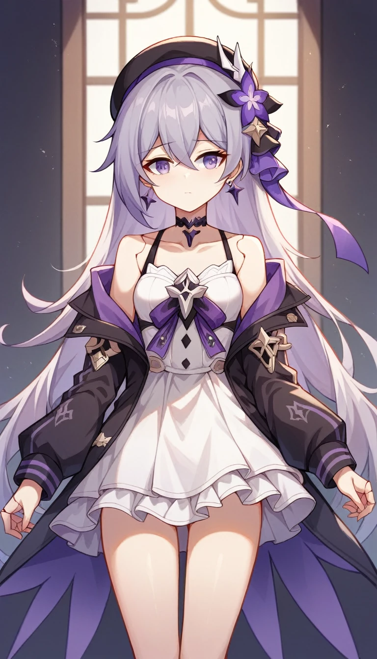 masterpiece, best quality, ultra-detailed, illustration, 1girl, solo,  herta /(honkai star rail/), grey hair, long hair, purple eyes, doll joints, small breasts, purple hair flower, beret, single earring, choker, collarbone, hertadress, black jacket, long sleeves, purple ribbon, frills, white dress, checkered dress, tailcoat, cowboy shot, thighs,Herta