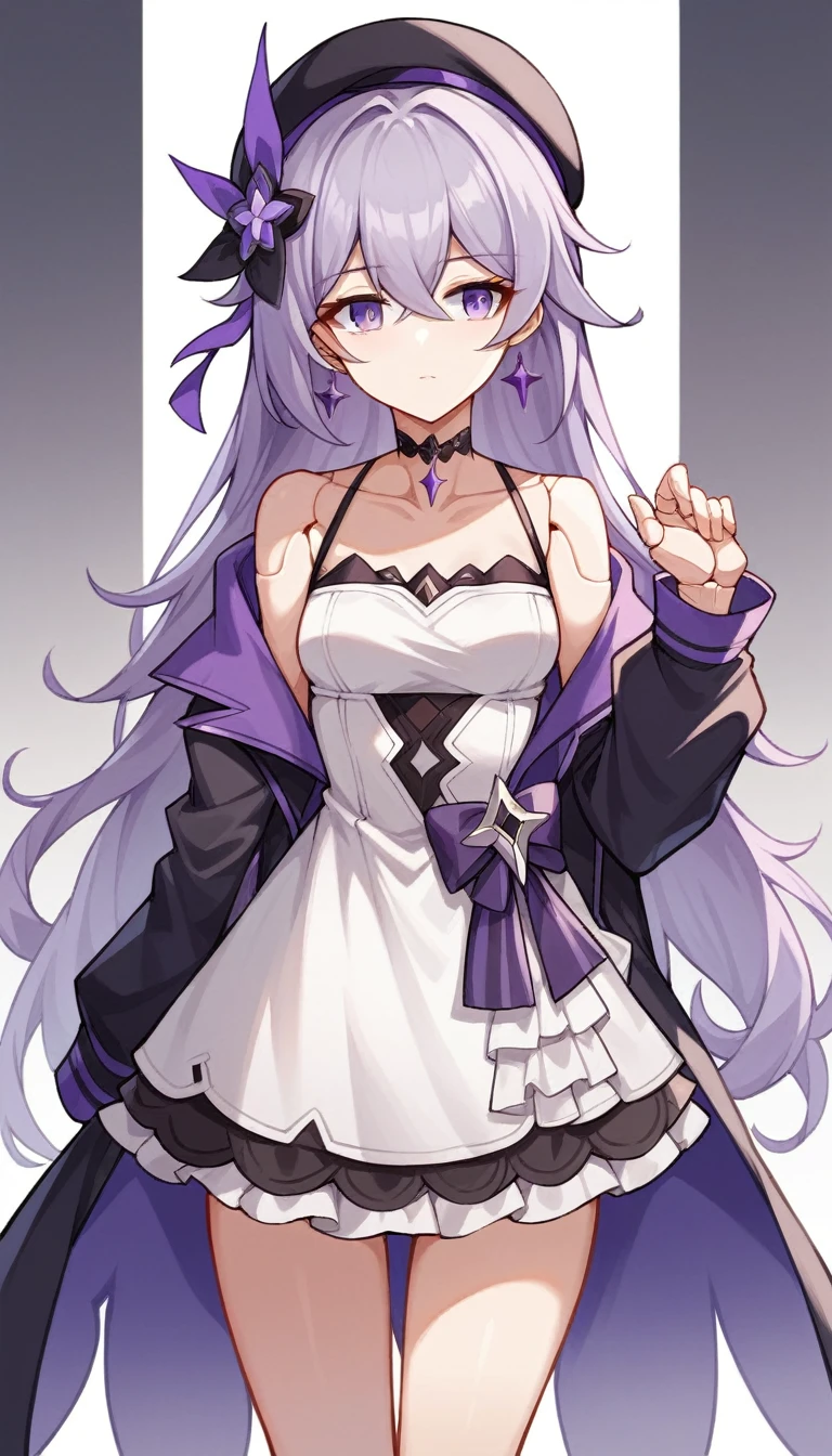 masterpiece, best quality, ultra-detailed, illustration, 1girl, solo,  herta /(honkai star rail/), grey hair, long hair, purple eyes, doll joints, small breasts, purple hair flower, beret, single earring, choker, collarbone, hertadress, black jacket, long sleeves, purple ribbon, frills, white dress, checkered dress, tailcoat, cowboy shot, thighs,Herta