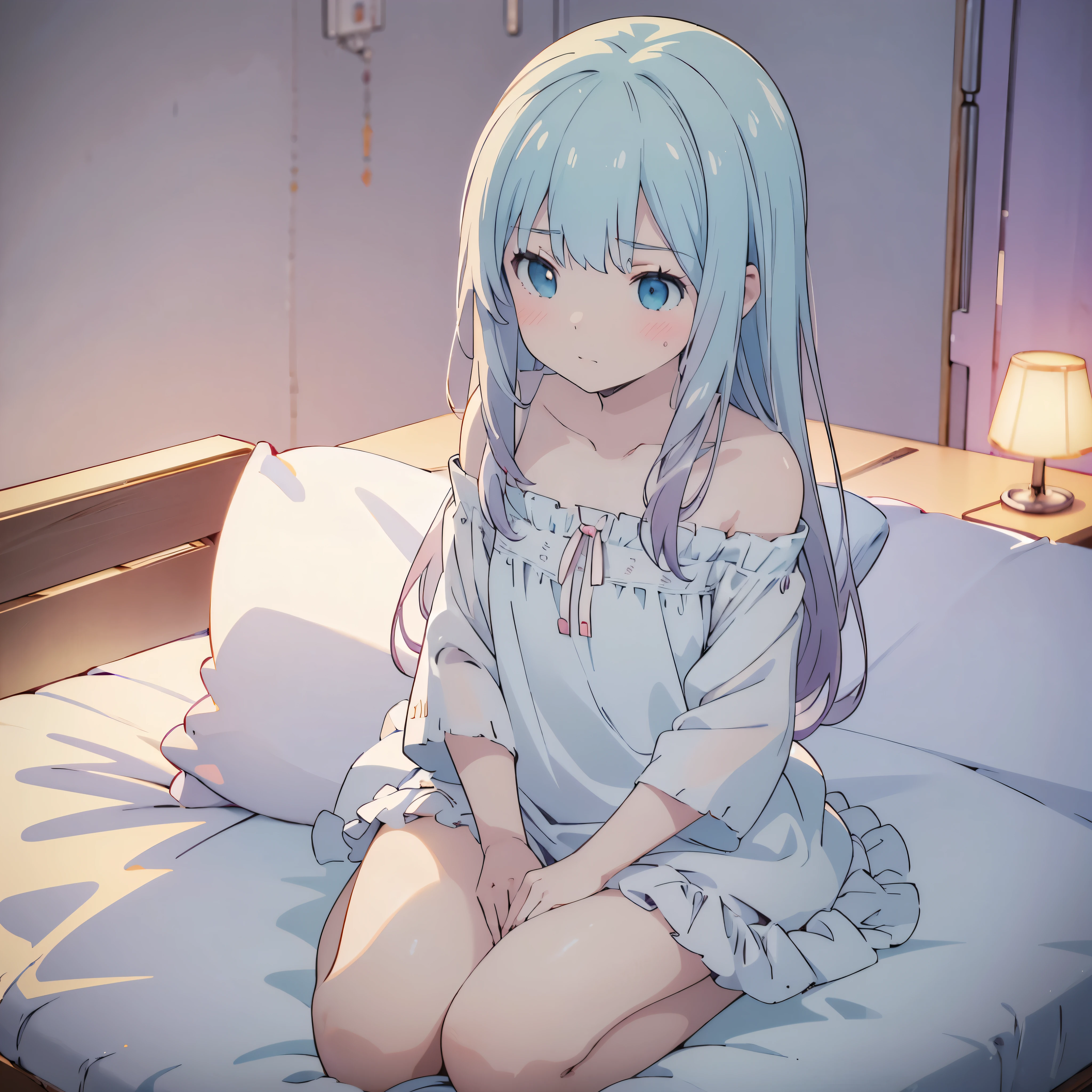 ((masterpiece)), ((Best Quality)), (Ultra-detailed), Anime style, Cute , 1girl in, Solo, 8k, sitting on the bed, young girl , flat chest, bare shoulders , shy girl 