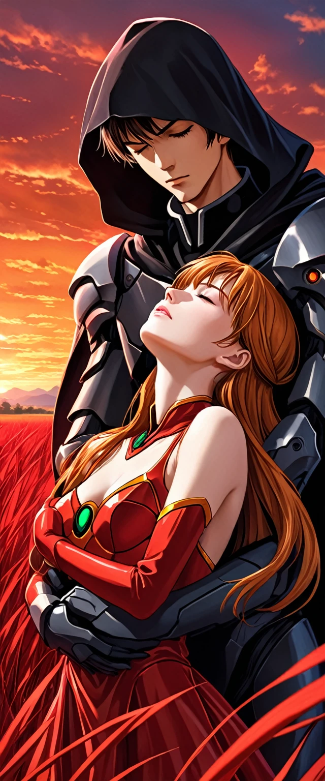 A dramatic fantasy scene at sunset in a crimson grass field. A young, attractive man with short black hair, pale skin, and red-pupiled eyes is carrying an unconscious, beautiful woman in his arms. The man wears a dark armored outfit with a black cape and hood, giving him a “battle mage” appearance. The woman wears an imperial-style dress with golden armor accents, but it is damaged, revealing her slender, sensual figure. She resembles Asuka Langley from Evangelion, but without any futuristic or technological elements - the style should be completely medieval/fantasy. The two characters are facing the viewer, with the man having a determined, confident expression while the woman is completely unconscious and eyes closed. Ensure the anatomy and positions of the two separate characters are natural and realistic, without any fusion or unnatural limb placements.