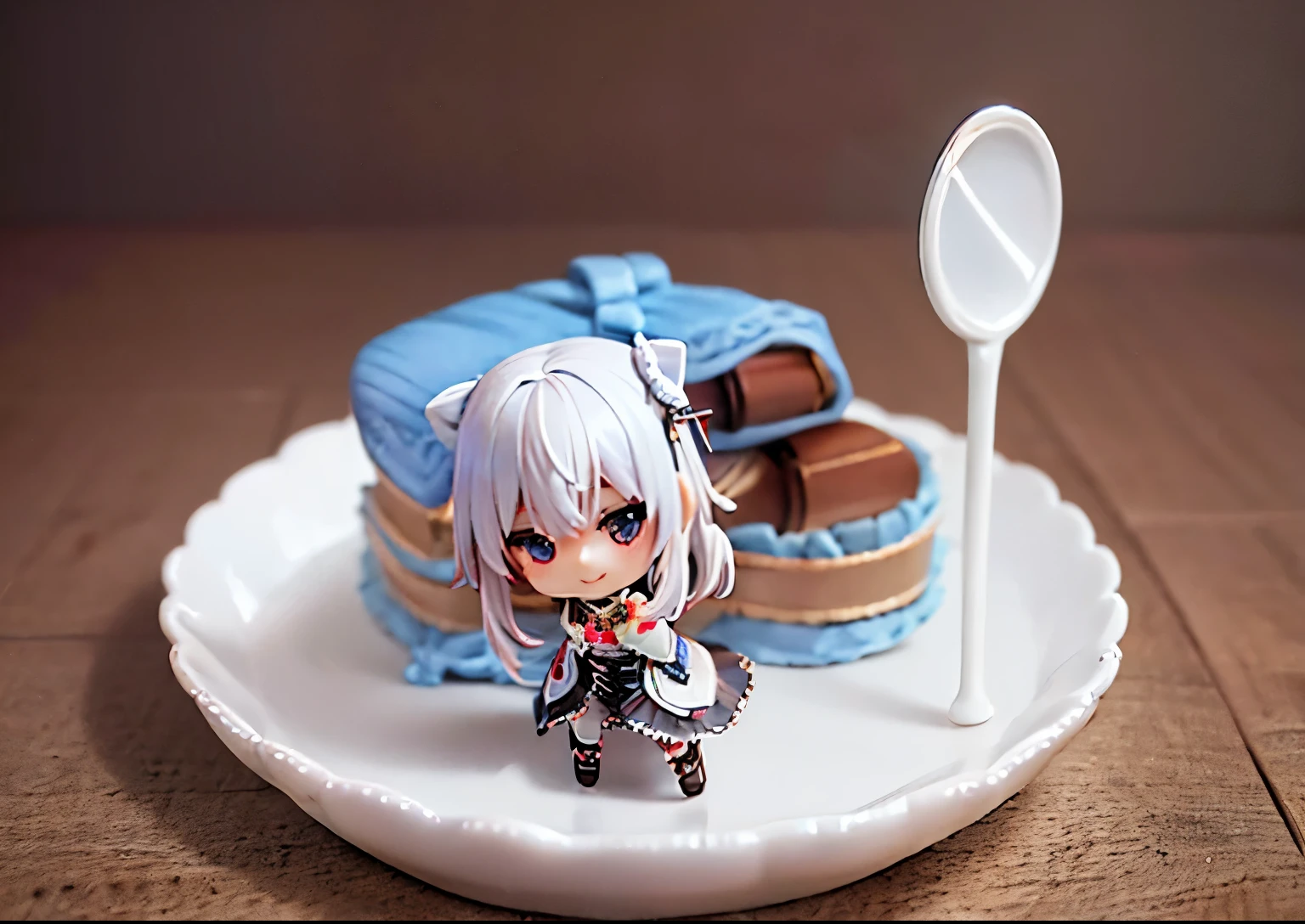 Miniature of a figure of early 20's Russian girl with aschgray colored hair, chibi, smiling, head to toe full body, on the table, photo studio, The face is precise((must))