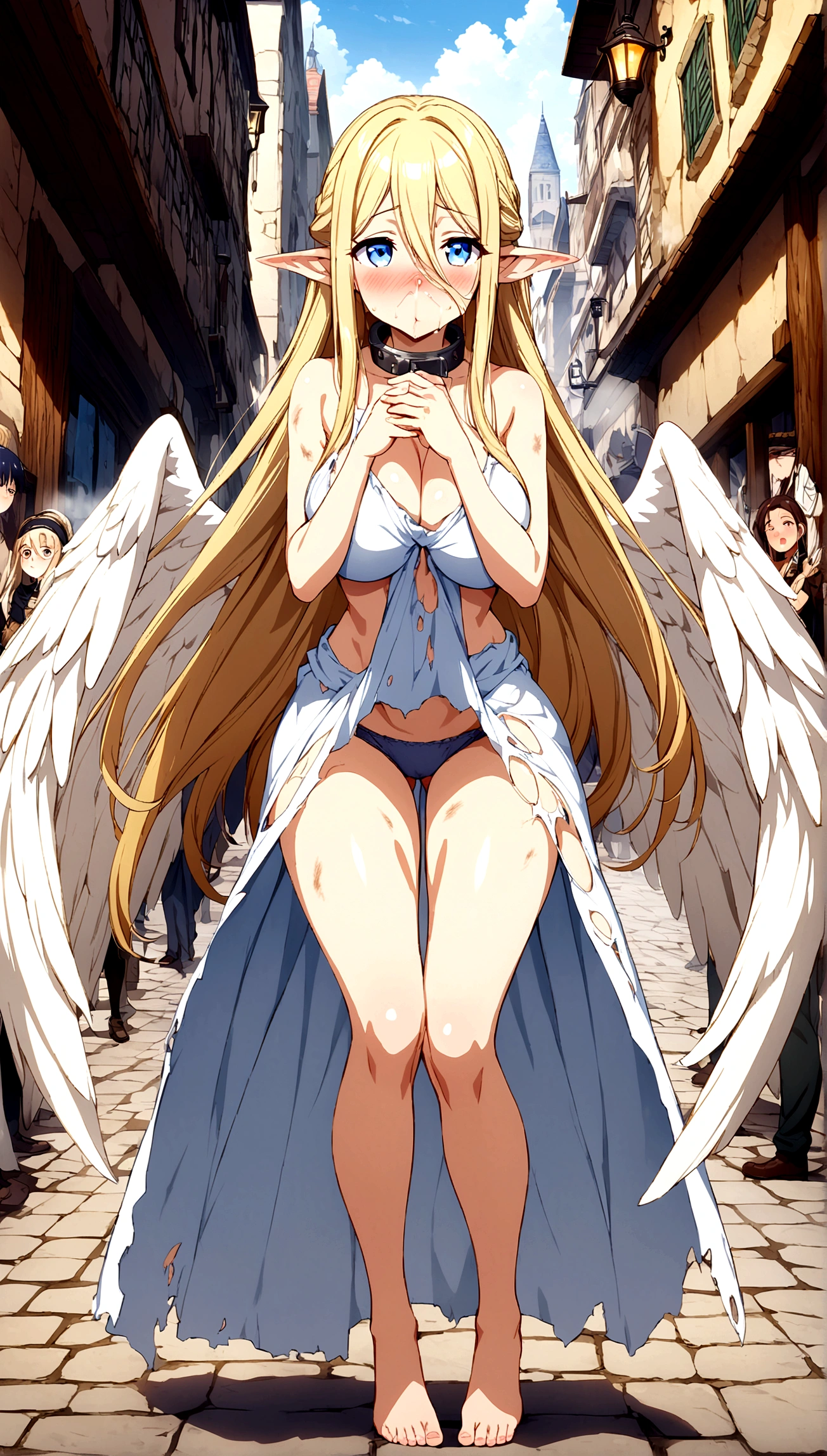 Anime. 1 Girl. Cute girl. Angel. Slave. Blonde. Long hair. Blue eyes. Beautiful eyes. Perfect eyes. Expressive eyes. Ideal face. Snotty nose. 16 years. Big breasts. Beautiful breasts. Pointy ears. Cold. Allergy. Runny nose. Snot. Snot flows from the nose. Temperature. Blush. Wants to sneeze. I have to sneeze
Strong, desperate desire to sneeze. Sneezes. Covers his nose with his hands. Snot flows from the nose. Blows his nose. Snot on hands. Ideal anatomical body. Beautiful long legs. The whole body is covered in scars. Angel wings. White wings. Dirty tunic. Torn tunic. dirty panties. Torn panties. Barefoot. Slave collar. Shackles. Standing. Full height. Fantasy. City. Street. Many people. Beautiful character design. Shiny skin. Full body. nsfw. Scat. Official art. Extremely detailed CG Unity 8k wallpaper. Ideal lighting. Ultra high resolution 4K. Super detailed 8K. A high resolution.