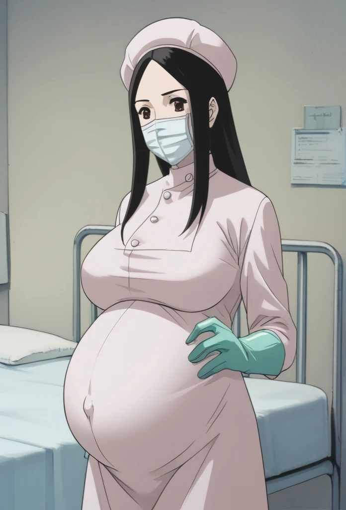 score_9, score_8_up, score_7_up, source_anime, raw image, masterpiece, highest quality, natural light, patient room background, kasuganoray, good shape, pale skin, shy eyes, big breasts, scrubs, surgical mask, bouffant cap, long sleeve maternity dress, tits, navel head,
1girl, pregnant, solo, rubber gloves, looking down, furrowed brow, hospital bed, standing, even though she's pregnant, she has a good figure