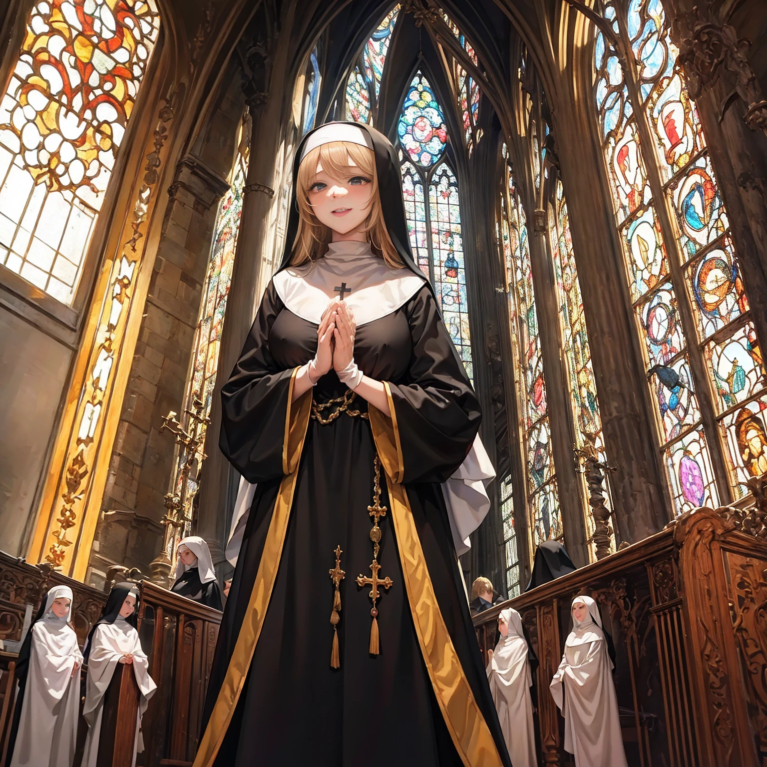 Praying with hands folded　Rubber puff sleeve　Golden Rosary　Interior background of the church　Stained glass　　sunset　Orange Room　anime　Vinyl Sister Black Veil　Nuns　Shiny black sister outfits　Blonde long hair　　Extra long black rubber gloves　cute　Pathetic　clear　Droopy eyes　I&#39;worry　Open your mouth slightly and smile　Shocking Pink Rouge　Shiny black rubber riding suit　Wet lips　The costume is shiny with lotion　Embarrassing　Blushing　Embarrassing　Big breasts that will tear your clothes　Very large breasts　Extremely distended breasts　Huge breast swelling　Looking into the camera　university student　Year: 20　Illustrated style　anime風　　beautiful girl　Cheeks pink　Blonde long hair　super curly hair　Super long sideburns　Black rubber long socks that reach down to the 