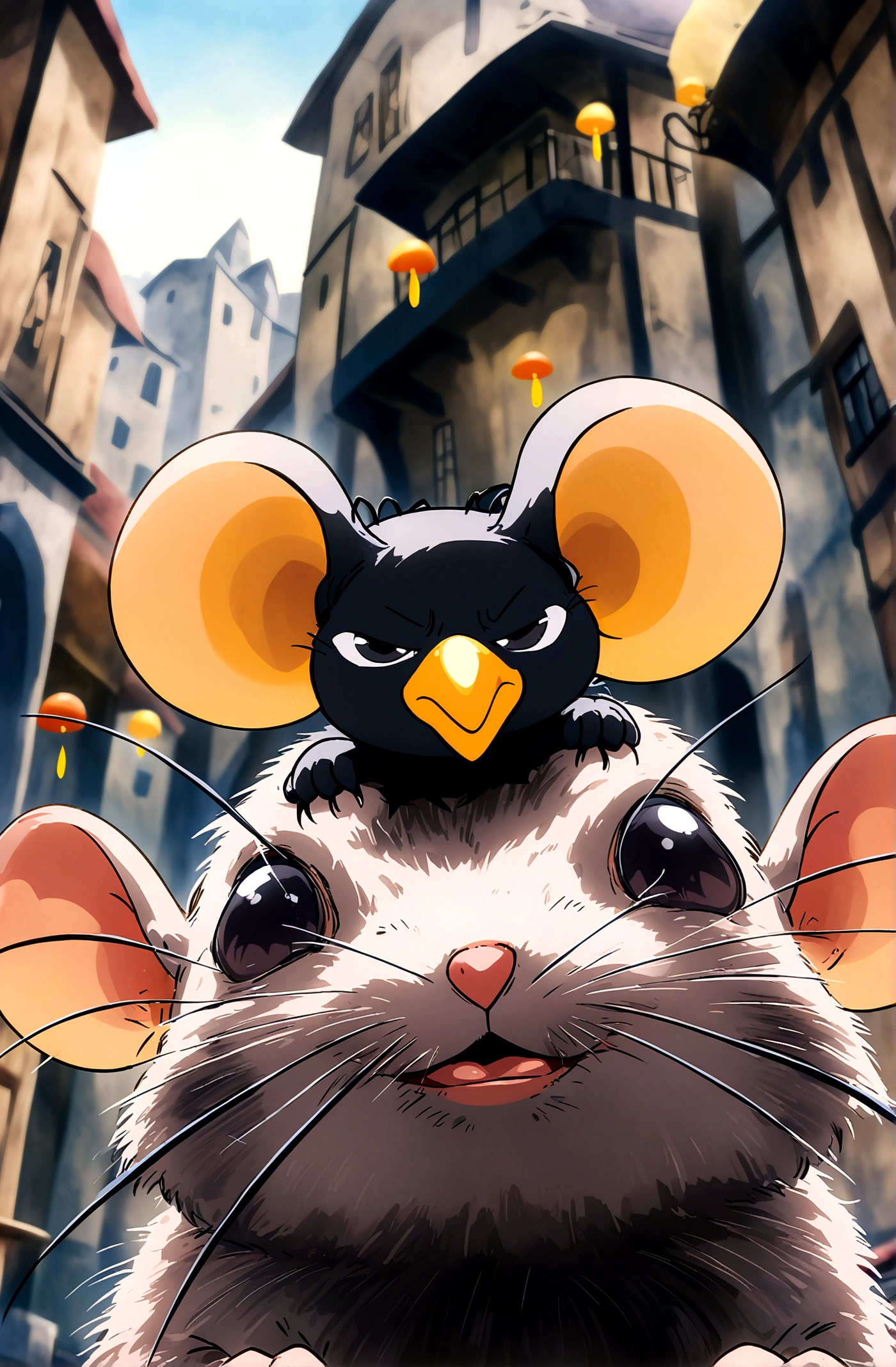 A mouse,There is a crow standing on the mouse's head,(Illustration style,Miyazaki animation style)