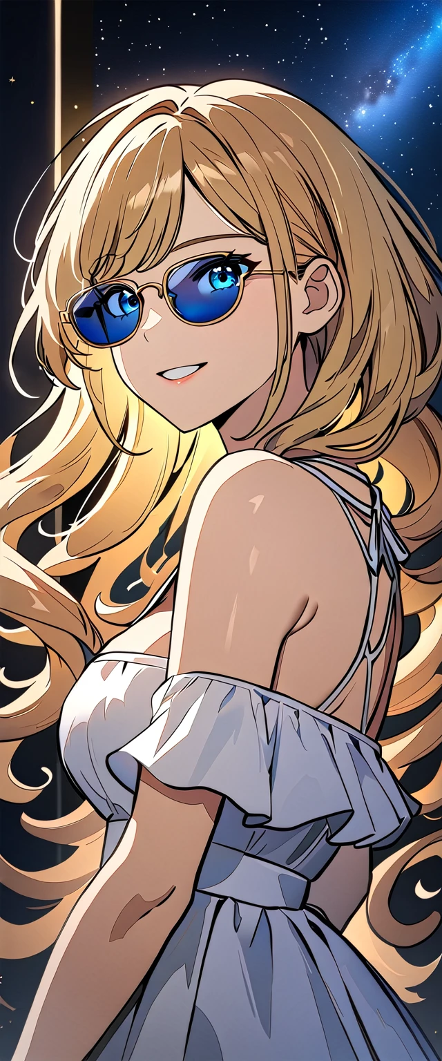 ((grin)), Eyeshadow, False eyelashes, ((off-shoulder dress:1.3, criss-cross halter)), ((white ????????)), ((cleavage)), ((high twin tails, medium hair, spiral curl hair, gradient hair, red and blond hair, hair extensions, streak)), ((sunglasses, hand to sunglasses)), (((from side))), ((((upper body)))), bare legs, (()), (((a beautiful starry sky, the Milky Way shining beautifully in the night))), ((on the very high cliff)), wavy hair, inward curled hair, ((sea, nature)), breasts, teenager, (looking at viewer), puffy long sleeves, collarbone, head tilt:1.3, (((blue eyes))), happy smile, (((anime style))), (best quality, 4K, 8K, highres, masterpiece:1.2, ultra-detailed, ultra-detailed eyes, HDR, uhd, studio lighting, ultra-fine painting, sharp focus, physically-based rendering, extreme detail description, professional, vivid colors, bokeh)