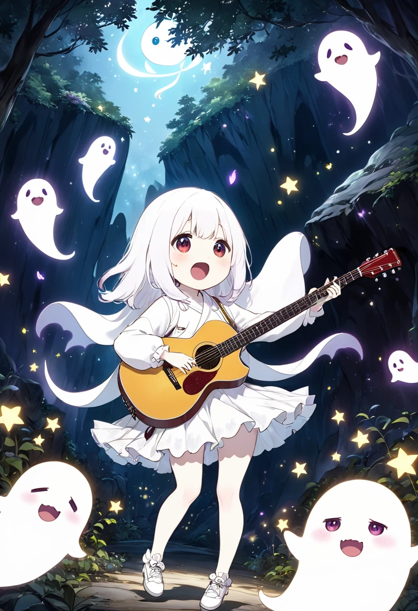 best quality, super fine, 16k, 2.5D, delicate and dynamic depiction, cute ghost live performance, singing, dancing notes, playing guitar with star-shaped body, deep forest cave illuminated by moonlight, Shigeru Mizuki's art style, rough and cute illustrations, cute ghost fantasy, sparkling effects, ghost effects