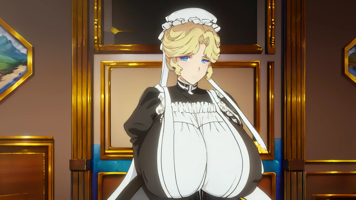 Mary_vm, huge_breasts, standing, 独奏, Victorian_Maid_uniform, masterpiece, best quality, detailed face, detailed eyes, highres, Super huge big breasts breast enlargement looking at the camera and smiling full-body shot sexy black garters 