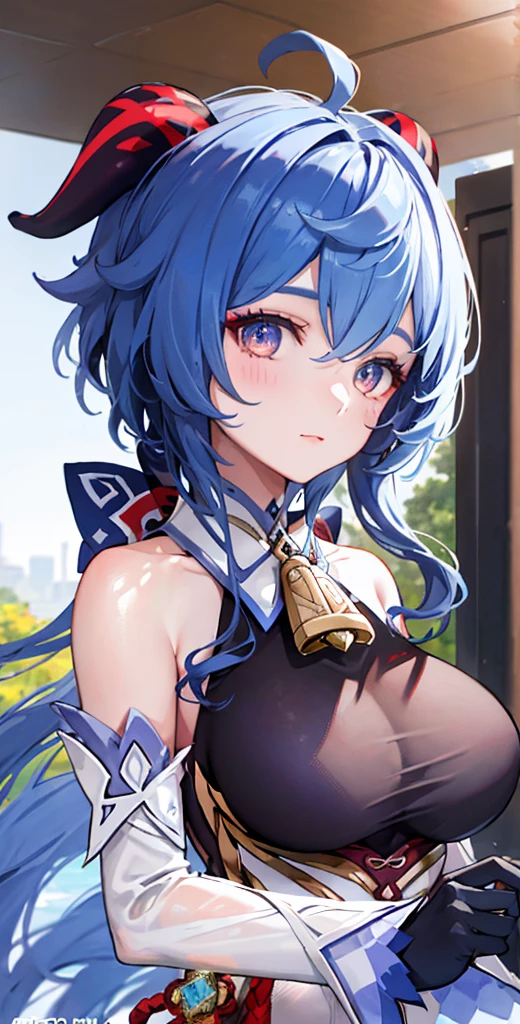 (photorealistic:1.4), (masterpiece, sidelighting, finely detailed beautiful eyes: 1.2), masterpiece*portrait, realistic, 3d face, 
ganyu \(genshin impact\), 1girl, ahoge, architecture, bangs, bare shoulders, bell, black gloves, black pantyhose, (blue hair), blush, breasts, chinese knot, detached sleeves, flower knot, gloves, horns, long hair, looking at viewer, big , neck bell，body suit，bunnygirlclothes，ganyu