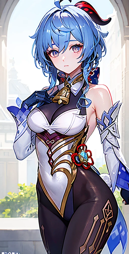 (photorealistic:1.4), (masterpiece, sidelighting, finely detailed beautiful eyes: 1.2), masterpiece*portrait, realistic, 3d face, 
ganyu \(genshin impact\), 1girl, ahoge, architecture, bangs, bare shoulders, bell, black gloves, black pantyhose, (blue hair), blush, breasts, chinese knot, detached sleeves, flower knot, gloves, horns, long hair, looking at viewer, big , neck bell，body suit，bunnygirlclothes，ganyu