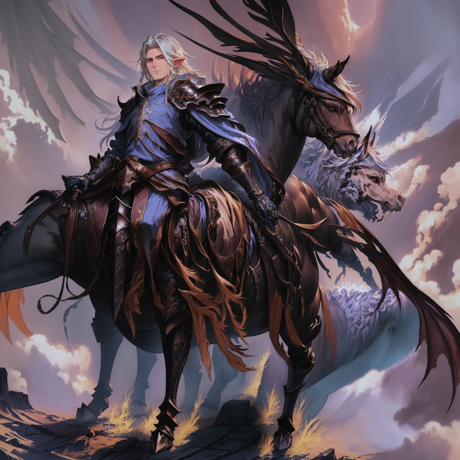 Anime - style image of a guy riding a horse with a sword., Portrait of a dragon, From lineage 2, Krenz Kuchart and Wenjun Lin., By Yang J, From Arknights, Fantasy Knight, Portrait of a magic knight, Fantasy 4K details, blue fantasy, human paladin, Elf Knight