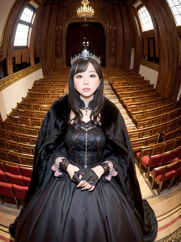 Majestic queens in gorgeous dresses。Pair of women。Fur Cape。A room in a Gothic palace。Watching the audience、((Fisheye Lens))