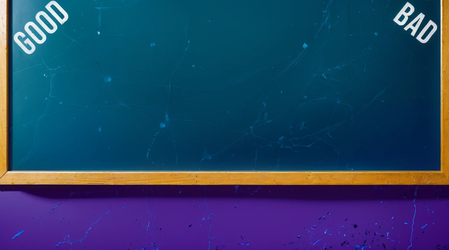 This image features a large, blue chalkboard with the words "GOOD" and "BAD" written in white letters on opposite ends, emphasizing a thematic contrast. The chalkboard, placed against a vivid blue background, symbolizes a classic educational or decision-making scenario, often used to discuss moral, ethical, or quality-based distinctions. Beneath the chalkboard, there is a striking purple strip, adding a bold visual break and enhancing the overall color contrast of the scene. The simplicity of the chalkboard and the inclusion of the terms "GOOD" and "BAD" invite viewers to contemplate choices, consequences, or the dichotomy between opposing concepts or qualities. The clear, uncluttered layout focuses attention directly on these themes, making the image suitable for educational materials, motivational content, or philosophical discussions.The background is a rich blue chalkboard, on which the word "GOOD" is prominently displayed, suggesting a positive or educational theme. The overall composition of the image is both eye-catching and charming, effectively conveying a sense of joy and creativity.ffects render, (glossy plastic texture with multiple big light probe refractions), perfect cgi, smooth silhouette, high intensity refraction, (super glossy plastic material), most beautiful vfx, , realistic, 4k, high resolution, rim light, smooth 3d model, multiple light sources, rim light, sharp post effects render,, realistic, 4k, high resolution, rim light detailed digital art, reflective, best quality, 4k, masterpiece:1.2, ultra-detailed, realistic, vivid colors, The image of the highest quality, ensuring every detail showcased perfectly. It in 4k resolution, allowing viewers to immerse themselves in the richness of the colors and intricate details. The realistic rendering. under the spotlight, reflecting, high-resolution image, realistic rendering