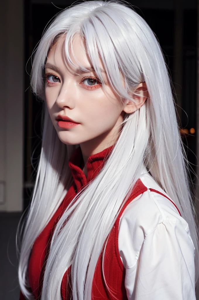 1girls, bestquality, perfect face, (White Hair), public, (((Red Eyes))), long-haired