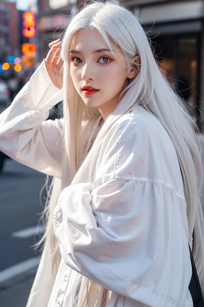 1girls, bestquality, perfect face, (White Hair)​, public, (((Red Eyes))), long-haired