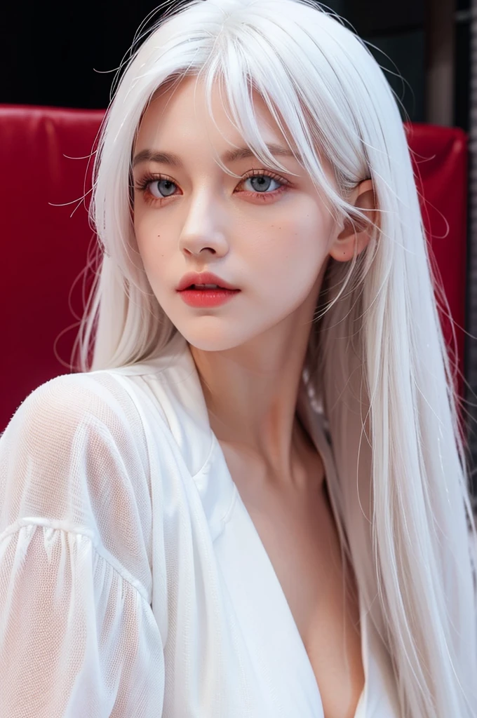 1girls, bestquality, perfect face, (White Hair), public, (((Red Eyes))), long-haired