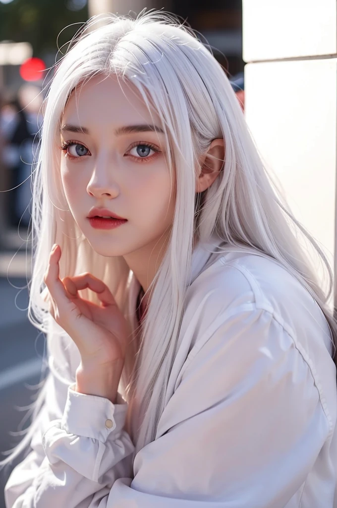 1girls, bestquality, perfect face, (White Hair), public, (((Red Eyes))), long-haired