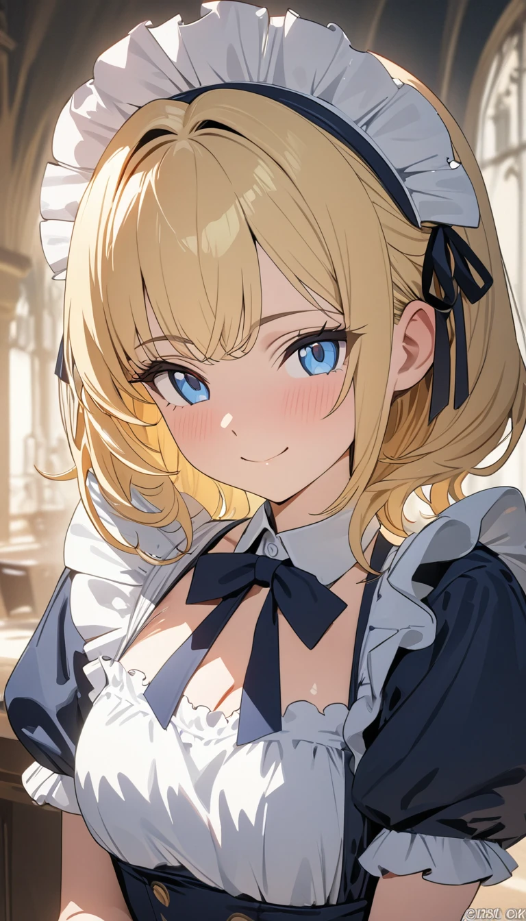 (((Best quality, 8k, Masterpiece: 1.3)), ((best quality)), ((masterpiece)), (detailed), perfect face, A maid girl with blonde hair, smile, A navy maid costume with frills. She serves at the royal court, high resolution, Textured skin, anime style, shiny hair, maid headdress