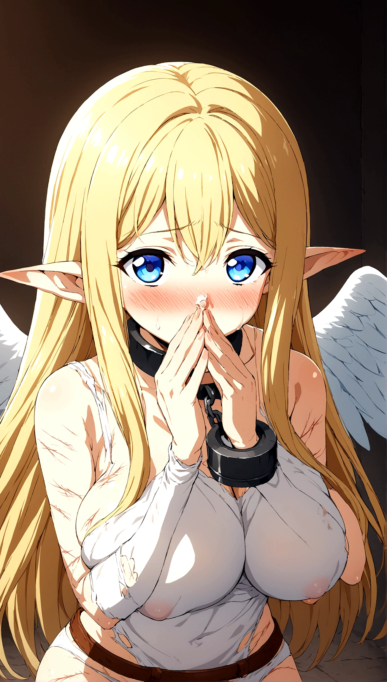 Anime. 1 Girl. Cute girl. Angel. Slave. Blonde. Long hair. Blue eyes. Beautiful eyes. Perfect eyes. Expressive eyes. Ideal face. Snotty nose. 16 years. Big breasts. Beautiful breasts. Pointy ears. Cold. Allergy. Runny nose. Snot. Snot flows from the nose. Temperature. Blush. Wants to sneeze. I have to sneeze
Strong, desperate desire to sneeze. Sneezes. Covers his nose with his hands. Snot flows from the nose. Blows his nose. Snot on hands. Ideal anatomical body. Beautiful long legs. The whole body is covered in scars. Angel wings. White wings. Dirty tunic. Torn tunic. dirty panties. Torn panties. Barefoot. Slave collar. Shackles. Standing. Full height. Fantasy. City. Street. Many people. Beautiful character design. Shiny skin. Full body. nsfw. Scat. Official art. Extremely detailed CG Unity 8k wallpaper. Ideal lighting. Ultra high resolution 4K. Super detailed 8K. A high resolution.