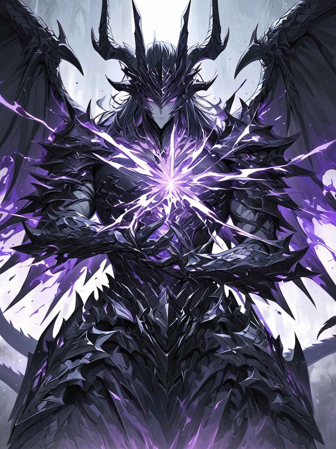 Masterpiece, Very detailed, ultra detailed, one, (1 man), man with a V-shaped body, Gray skin colour, dragon horns, two large dragon wings, full detailed dark obsidian armor with light purple details that seemed like a purple fire. Long black hair combed back, and reptile eyes that shine crimson-purple. In the style of manhwa "Omniscient Reader's Viewpoint"
