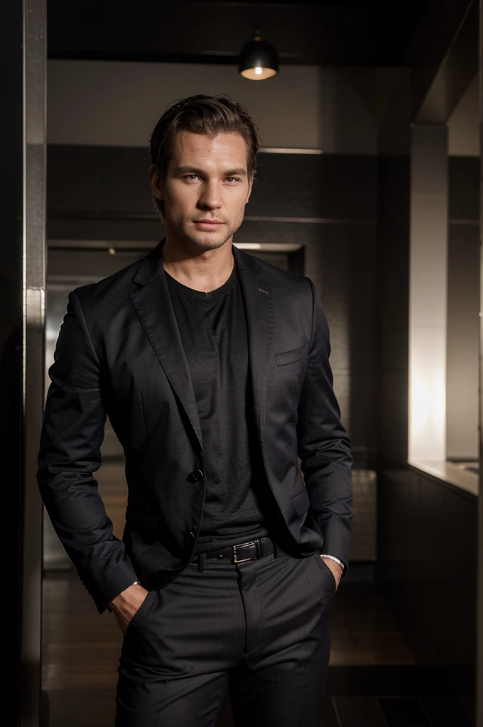 Generate me a realistic handsome goss businessman in portrait ((wearing pants)), There will be a dark romantic atmosphere in the background