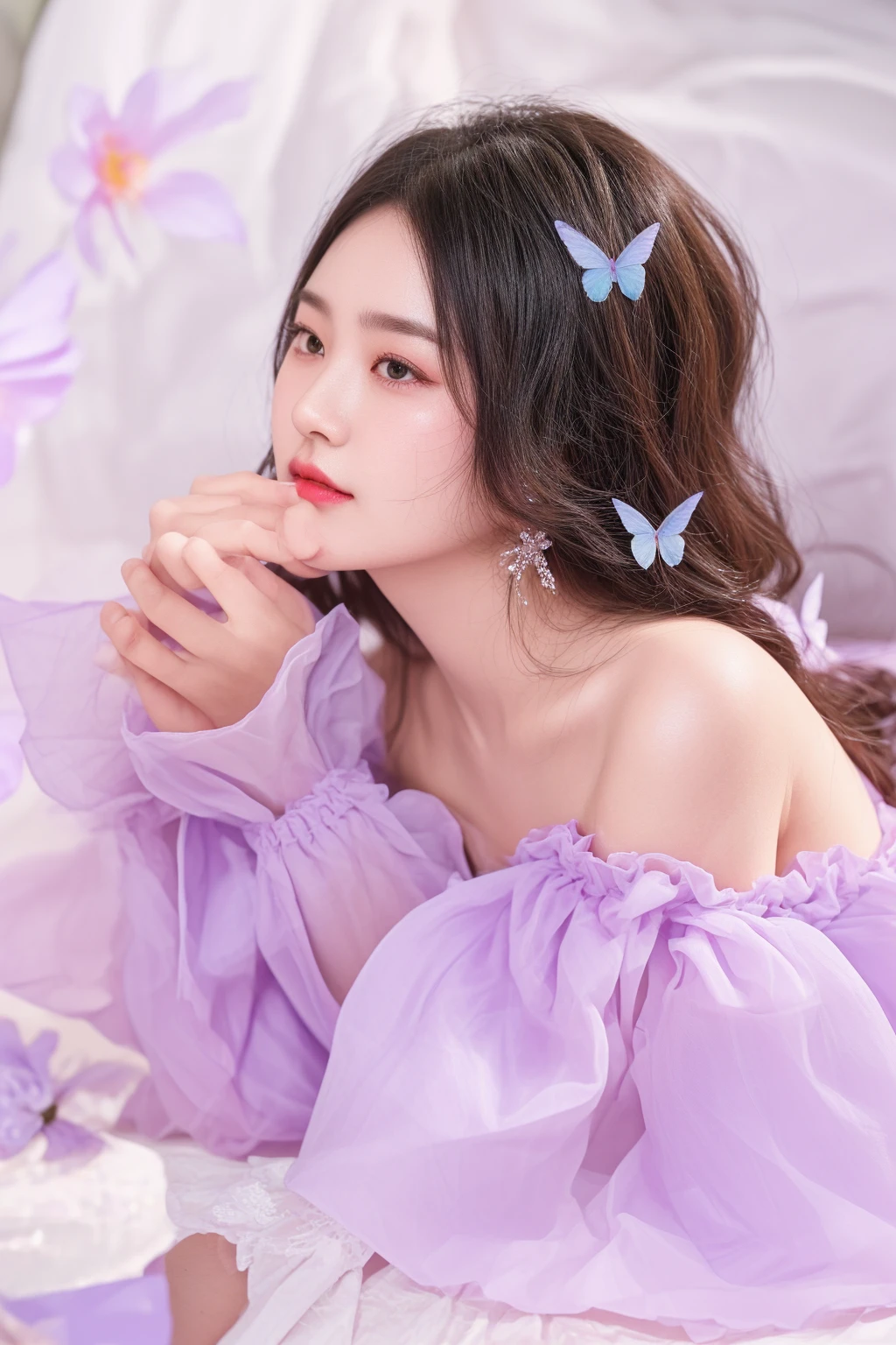 there is a woman in a purple dress laying on a bed, sakimichan, aesthetic cute with flutter, captured on canon eos r 6, ethereal beauty, portrait shot, inspired by Huang Ji, xintong chen, soft portrait shot 8 k, cute photo, trending at cgstation, chinese girl, fairycore, xision wu, pastel, lilac