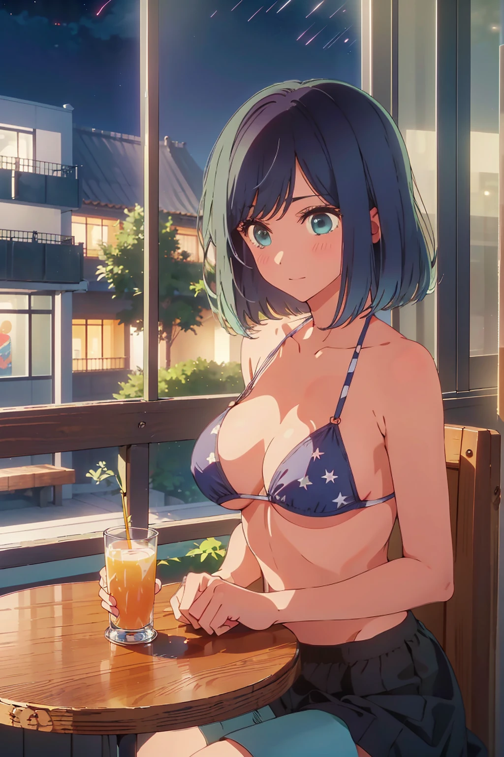 (Highest quality:1.4、masterpiece:1.4、Super detailed:1.4、8K:1.4)、((((1 person、Surprised expression、sit、Outdoor café terrace、coastal、juice、table、Sandy Beach、juiceのグラスを持つ、bikini、Very soft boobs、Big eyes、Very cute face))))、(moonlight:1.4、at night:1.4)、F cup bust、Medium breast、Underboob