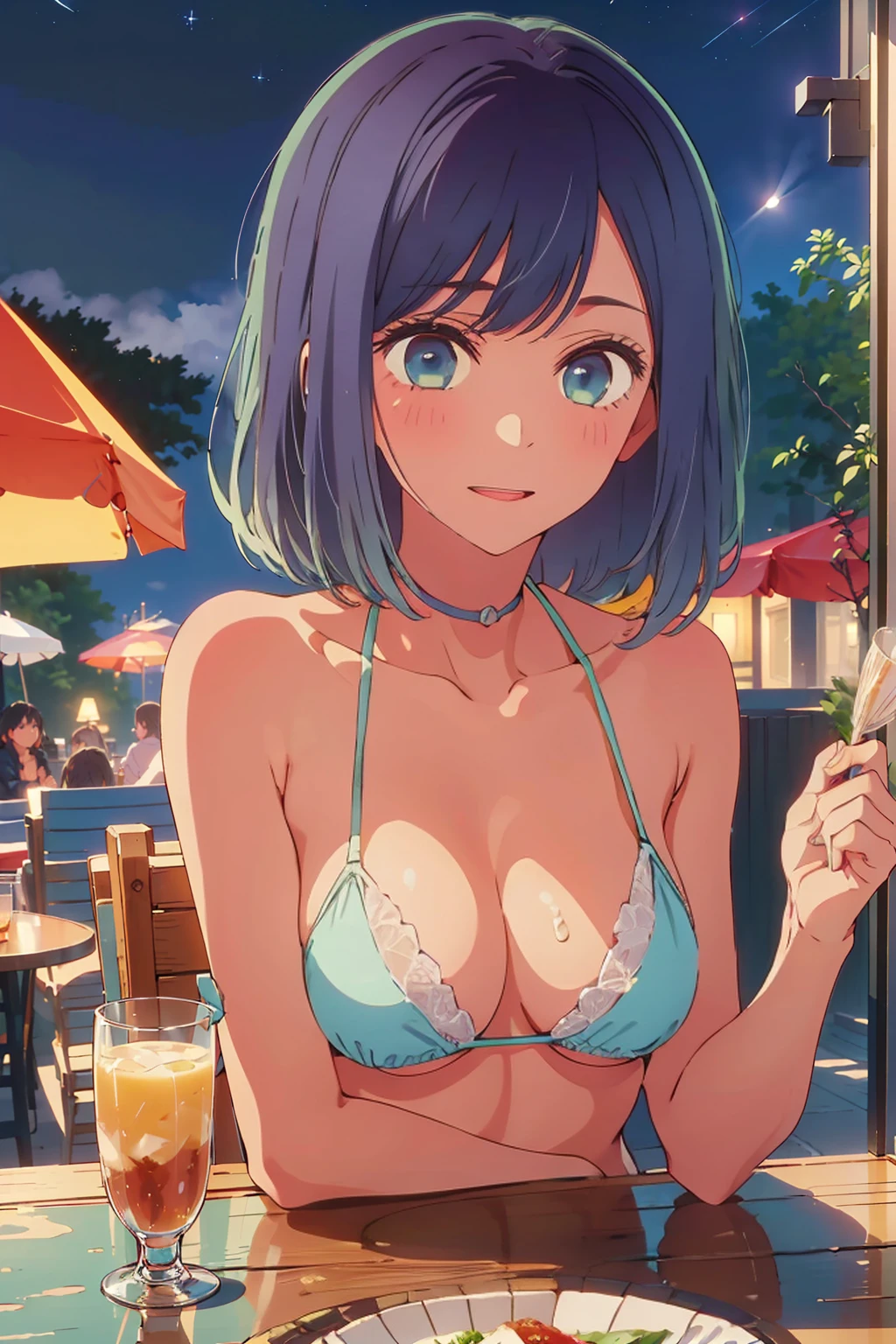 (Highest quality:1.4、masterpiece:1.uper detailed:1.4、8K:1.4)、((((1 person、Surprised expression、sit、Outdoor café terrace、coastal、juice、table、Sandy Beach、juiceのグラスを持つ、bikini、Very soft boog eyes、Very cute face))))、(moonlight:1.4、at night:1.F cup bust、Medium breast、Unde