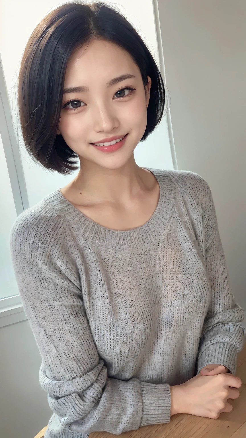 (masterpiece, Highest quality, Highest quality, High resolution, Realistic:1.2), Gray blank background, (Bright lighting, Professional Lighting), One Woman, Realistic Skin, Fine skin, Beautiful Skin, expensive, (Black Hair, Short Bob Cut, middle part), (Heavy makeup for a date, Eyelash extensions, Fine grain, Iris, Carefully drawn eyes, View your viewers, cute, Grin:1.2), (Lean upper body, Muscular body:1.2), (Summer Sweater,Roll up your sleeves:1.3), A kind smile, Small teeth visible, Upper Body Shot