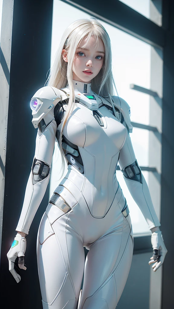 a woman in a white suit posing in front of a window, beutiful white girl cyborg, cyborg fashion model, barbie cyborg, white cyborg fashion shot, cyber suit, cybersuits, porcelain cyborg, cybersuit, perfect android girl, in white futuristic armor, elle fanning as an android, gynoid cyborg body, cyborg girl, perfect anime cyborg woman