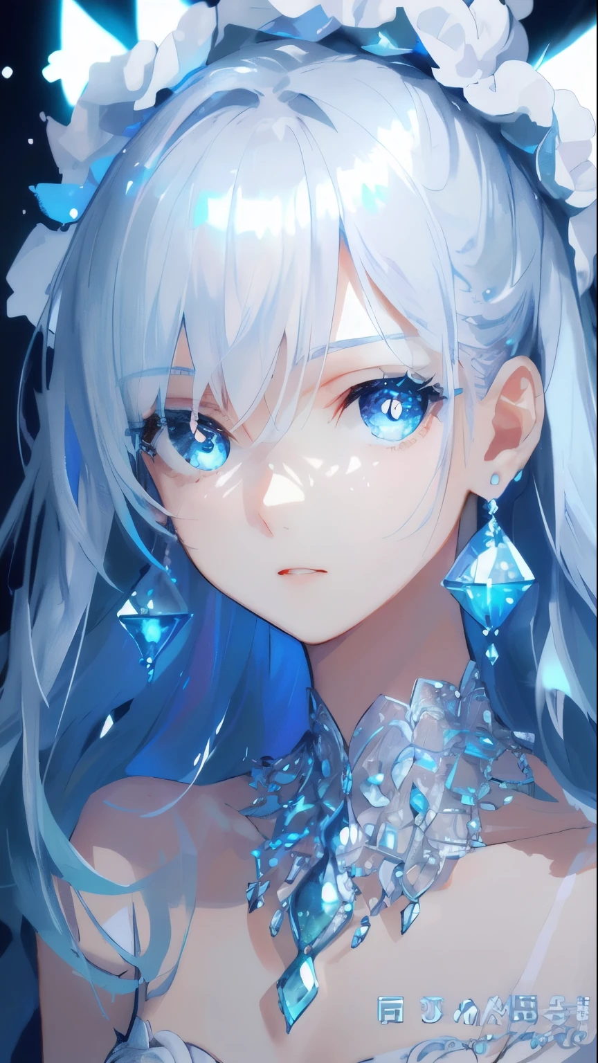masterpiece, best quality, illustration, sax blue, platinum earrings, platinum necklace, white dress, 1girl, cute, (dynamic lighting:1.2), cinematic lighting, delicate facial features, detailed eyes, sharp pupils, realistic pupils, depth of field, bokeh, sharp focus, (hyper-detailed, bloom, glow:1.4), many small gems