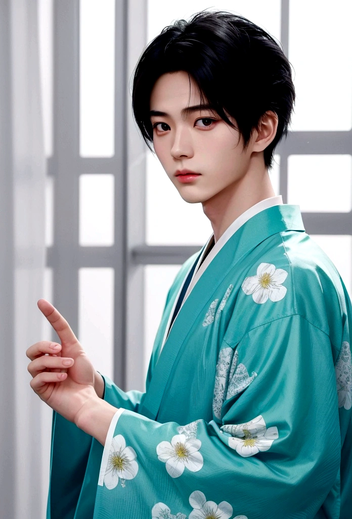 Japanese male in his late s。Johnny'sJr.。Stylish images。It feels refreshing。Skin is clear and white。Kind Face。A transparent presence。Hair is black。Green eyes。jawline. Fair skin. Stylish. Korean. Shin Jin Young,