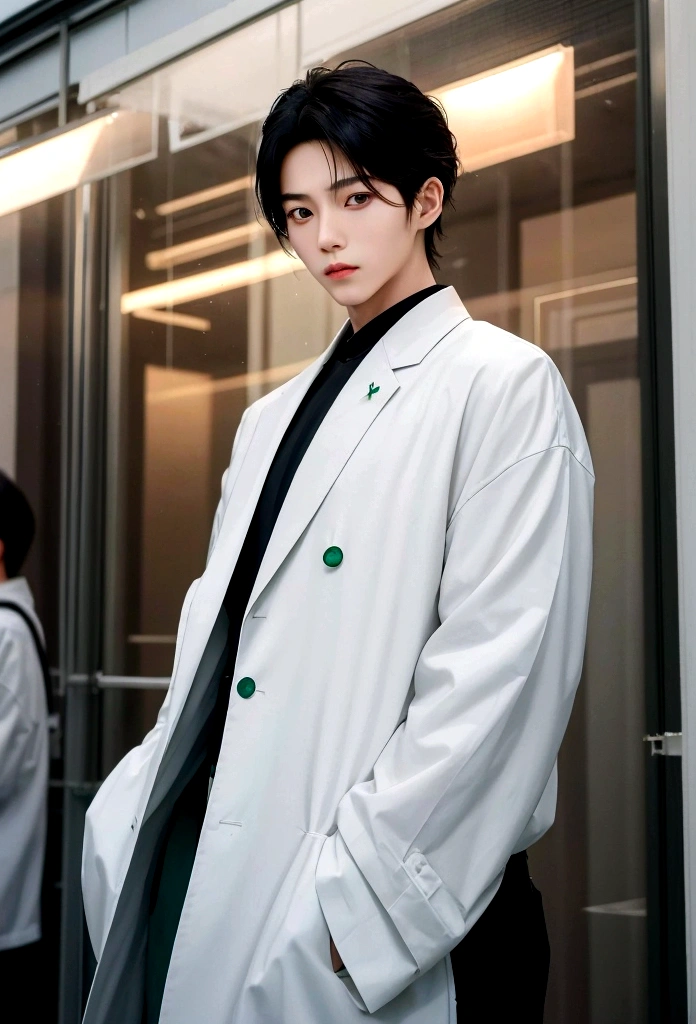 Japanese male in his late s。Johnny'sJr.。Stylish images。It feels refreshing。Skin is clear and white。Kind Face。A transparent presence。Hair is black。Green eyes。jawline. Fair skin. Stylish. Korean. Shin Jin Young,