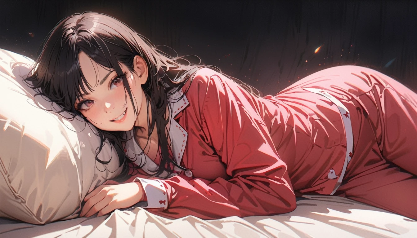 20 years old,1 mature woman,hyperrealistic, 8k, (extremely detailed 8k), (very delicate and beautiful), (masterpiece), (better quality:1.0), (ultra high resolution:1.0), (masterpiece, best quality),cute,black hair,long hair,full body,white background,realistic skin,pajamas,lie on own stomach,evil grin
